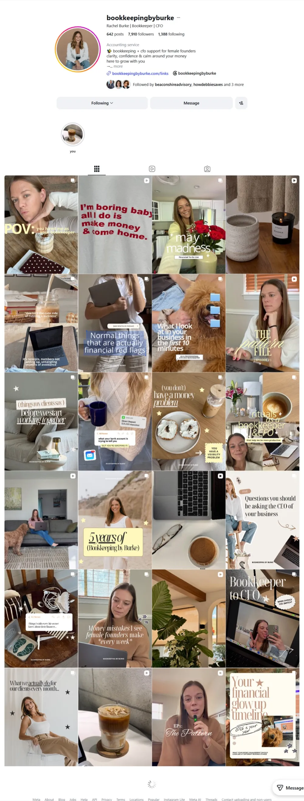 Bookkeeping by Burke Instagram profile showing growth results